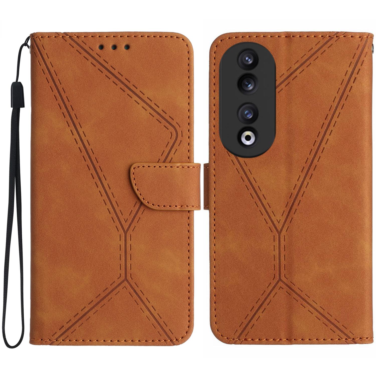 

HT05 Stand Wallet Phone Cover for Honor 90,Skin-touch PU Leather Imprinted Line Case Brown
