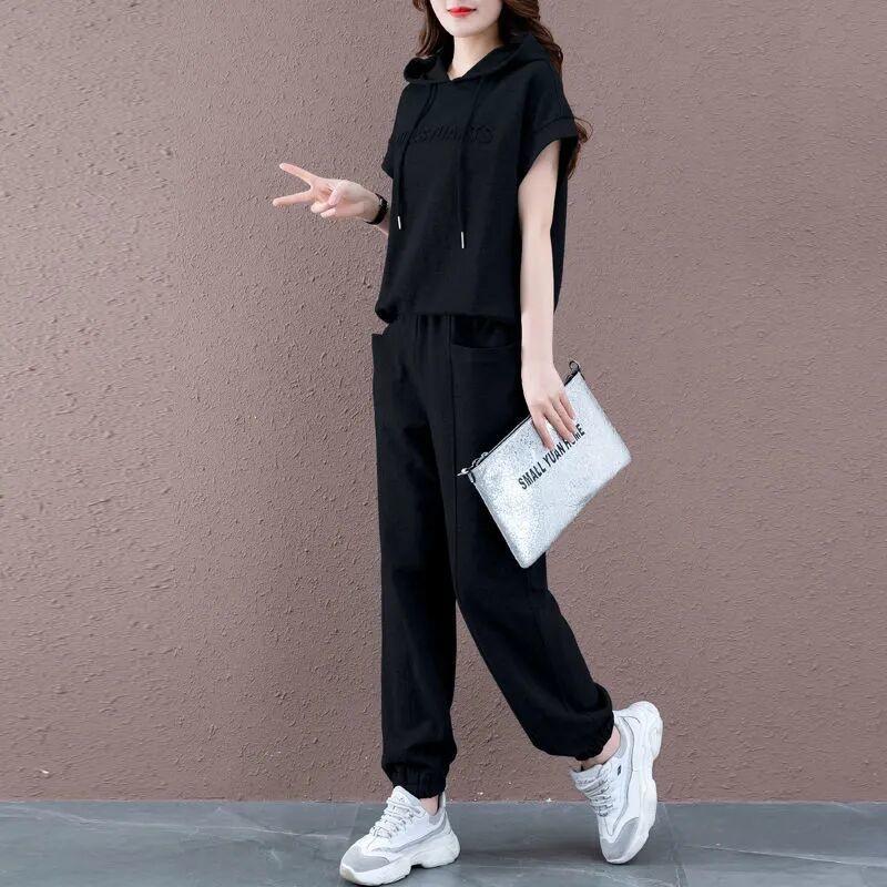 Women's Casual Sports Suit Summer New Solid Color Loose Hooded Short Sleeved Sweater Pants Two Piece Set Plus Size Outfits