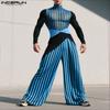 INCERUN Two-piece Men Long Sleeve Striped Mesh Sheer Bow Tops and Pants Sets