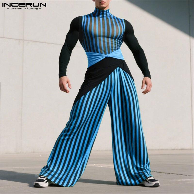 INCERUN Two-piece Men Long Sleeve Striped Mesh Sheer Bow Tops and Pants Sets