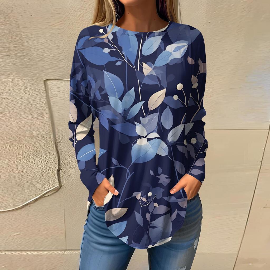 Women's  Loose Casual Flower Printed Round Neck Long Sleeved T Shirt Top Pullover Long Sleeved Sweatshirt