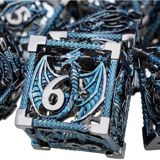 ARUOHHA Hollow DND Dice Set Copper Blue 5-Headed Dragon D and D Dice with Gift Box, Dungeons and Dragons Role Playing Games 7PCS Metal Polyhedral