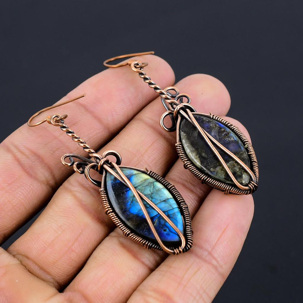 Labradorite 999 Copper Wire Wrapped Earrings, Handmade Gemstone Earrings Jewelry, Gifts For Wife Brand New Earrings