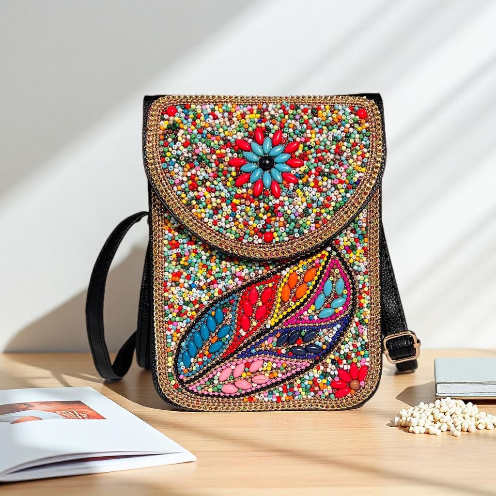 Women's Small Crossbody Cell Phone Bag Boho-Style Colorful Beaded Purse Wallet with Handmade Patterns Lightweight Cell Phone Shoulder Bag for Women