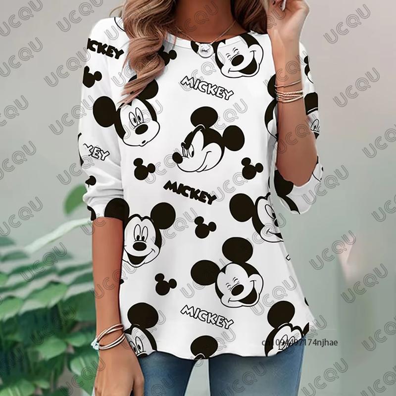 

Cartoon Disney Mickey Mouse Print Womens Long Sleeve Tshirt Autumn Fashion Oneck Tees Casual Pullover Oversized Y2K Tops S