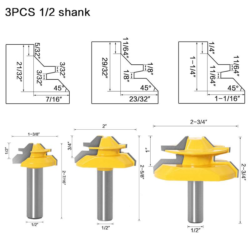 1/3pc Lock Miter 45 Degree Glue Joint Router Bits Glue Joint Set Woodworking Cutter Tenon Cutter for Woodworking Tools 12mm 1/2inch Shank