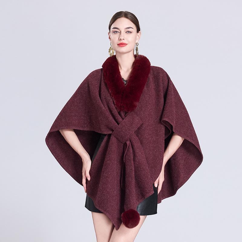 Autumn/Winter Knitted Scarf Shawl Cape with Fur Collar and Pom-Poms (Style 0962#)