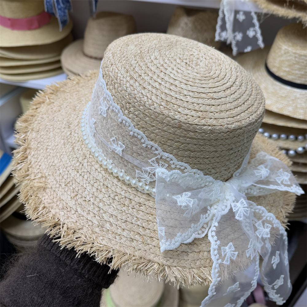 Summer Bow Streamer Straw Hat Women's Vacation Beach Hat Flat Top Lafite Straw Sun Hat