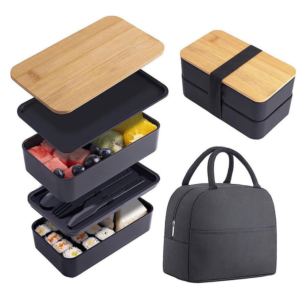 yowodana Stylish Lunch Box with Bamboo Lid and Insulated 1200ml Microwave Dishwasher for Commuting and Black 2-Tier Bag, Capacity, Safe, Leakproof,
