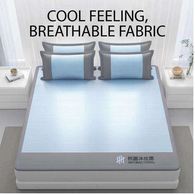 1.5/1.8m 3-Piece Fitted Ice Silk Cooling Mat Set with 2 Pillowcases, Antibacterial Machine Washable Soft Bedding for Summer Home and Dorm