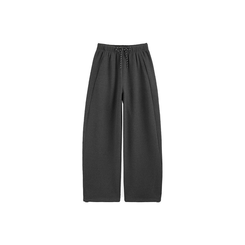 Shiyiyue Sporty Loose Casual Pants for Women, Autumn and Winter Elastic Waist Fleece-Lined Sweatpants with Drawstring, Straight Wide-Leg Long Pants