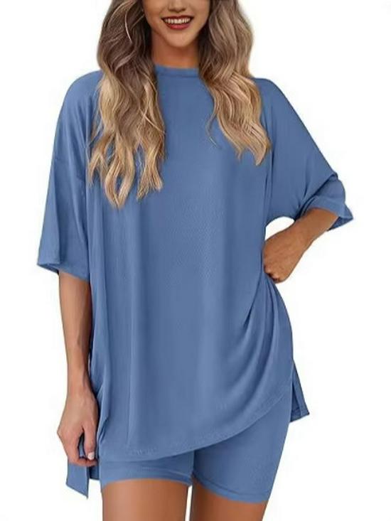 2026 Women's Casual Round Neck Slit Loose Short Sleeve Home Wear Set