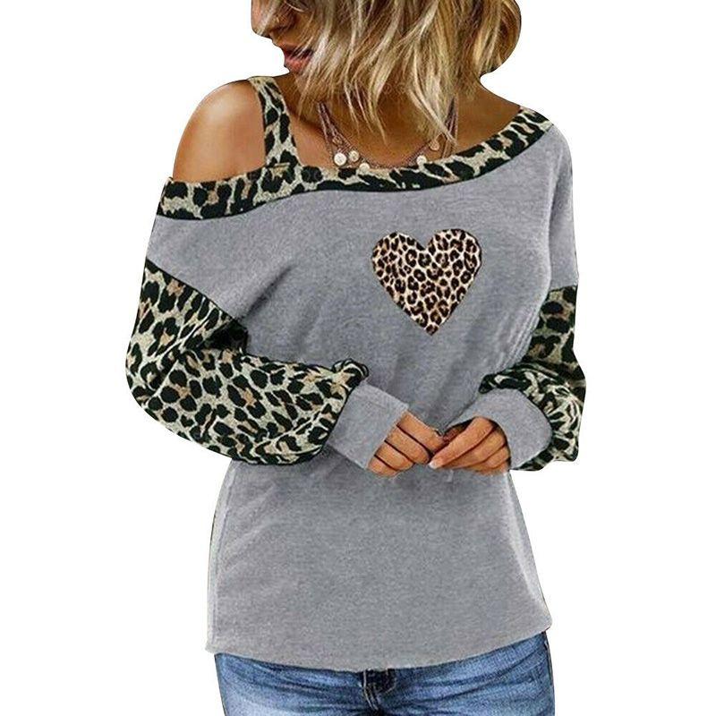 Leopard Womens Print Cold One Shoulder Tshirt Blouse Long Sleeve Casual Tops