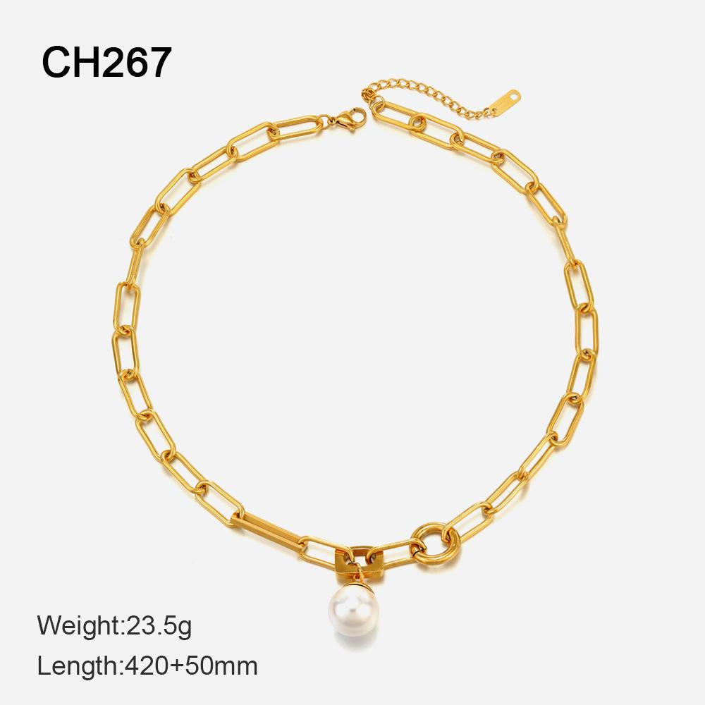 European and American ins fashion pearl stainless steel necklace women's 11k gold simple personality hip hop popular collarbone chain women's pendant