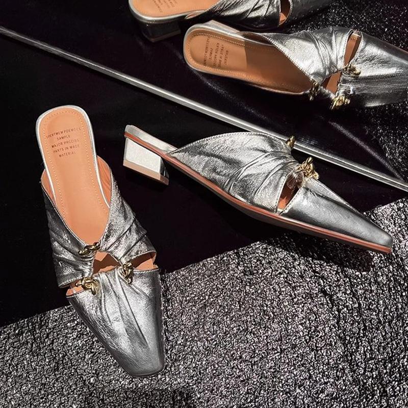 

Модные женские шлепанцы с квадратным носком на массивном каблуке, модные мюли, обувь 2025 лето, сандалии на низком каблуке, элегантные шлепанцы, вечерние сандалии для женщин 39 серебряный