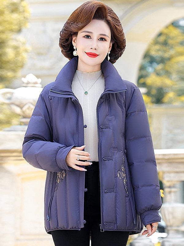 Down jacket female middle-aged and elderly mother winter clothing embroidery foreign gas thickened warm grandma white duck down stand-up collar jacket