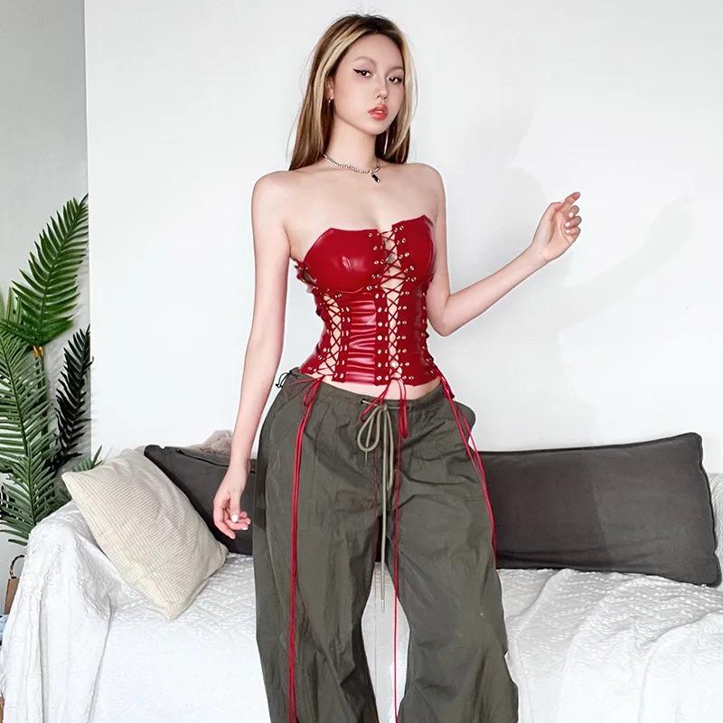 Women s Red Patent Leather Strapless Lace-Up Corset Top Form Fitted Party Crop Top S