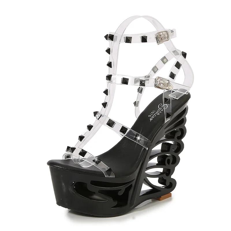 Fashion Summer New Sexy Shaped Wedge Heel 14.5CM Women's Shoes Rhinestone Platform High Heels Party Club Model Strippers Show Sandals
