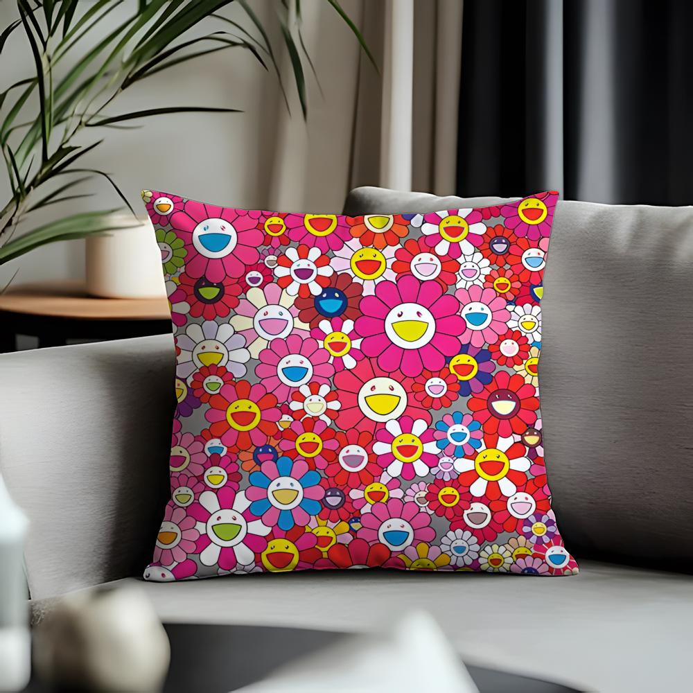 Fashion TTtakashi Murakamiful Cushion Cover Antidustmite Pillowcase Invisible Zipper Silky Short Plush Sofa Cushion Cover