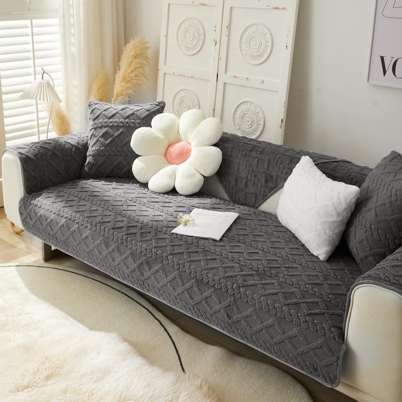Warm Plush Sofa Cover Solid Colour Jacquard Velvet Living Room Sofa Cover Non-Slip Thickened Sofa Cushion Armrest Back Towel