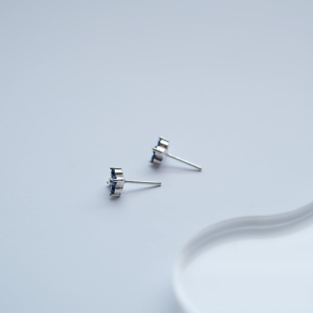 Fleur Flower September Birthstone Sapphire Earrings in Sterling Silver Gift Box Cloud-jewelry (925) [Wooden Included] FCE-1S
