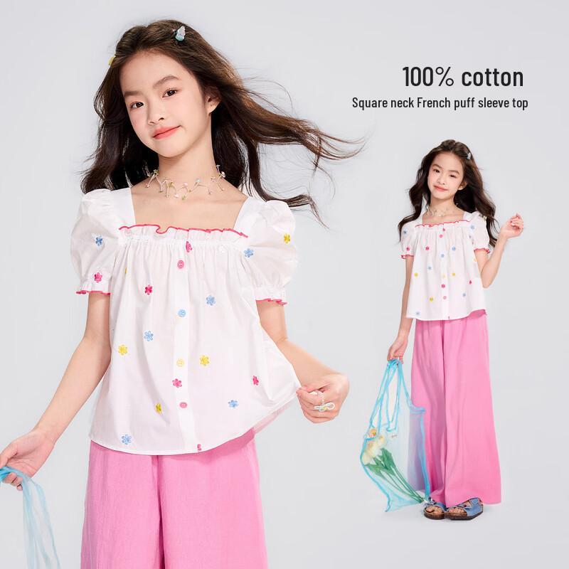 

Girl s Cotton Square Neck Puff Sleeve Embroidered Blouse 170
