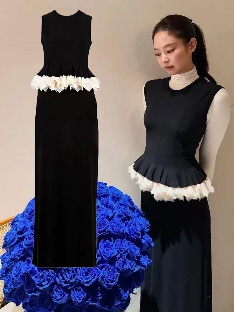 

Jin Zhini Jennie Style Retro Black Lace Ruffle Sleeveless Layered Long Dress for Women Extra Large