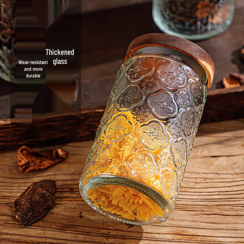 Cylindrical Embossed Glass Storage Jar with Wooden Lid for Dried Fruits and Grains