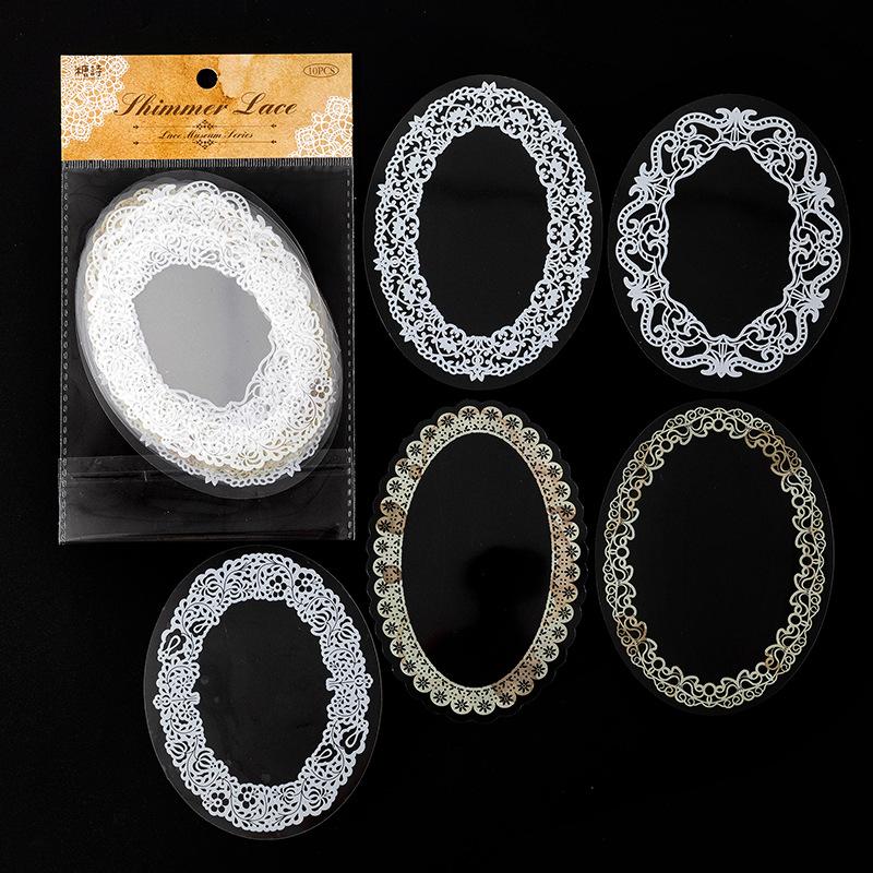 10-Sheet Premium Big-size Clear Lace Border Stickers, Elegant Hollow Lace Edges with Transparent Effect