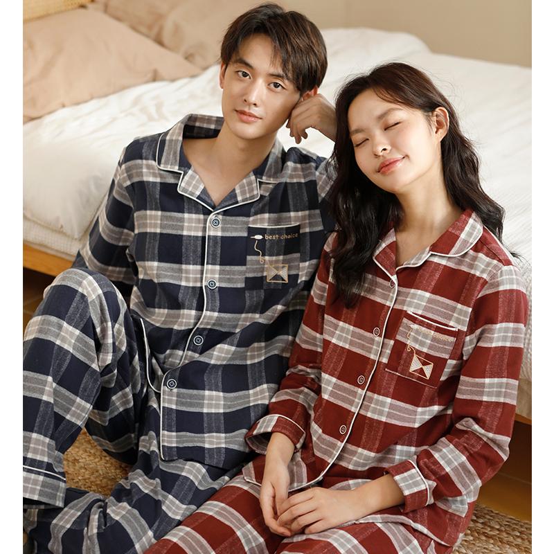 Pajama Couple Long-Sleeved Checkered Men's and Women's Autumn Casual Home Suit Set