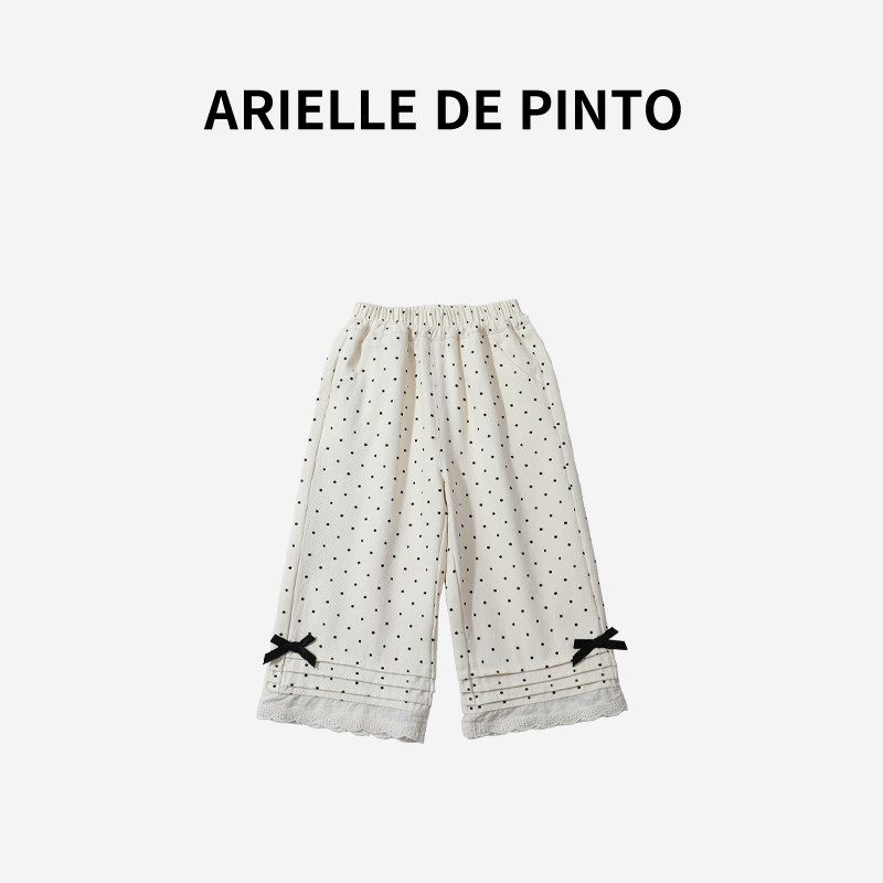 French Arielle De Pinto Girls Pants Spring and Autumn Three-Dimensional Bow Polka Dot Lace Wide-Leg Pants Polka Dot Wide Leg Pants 90