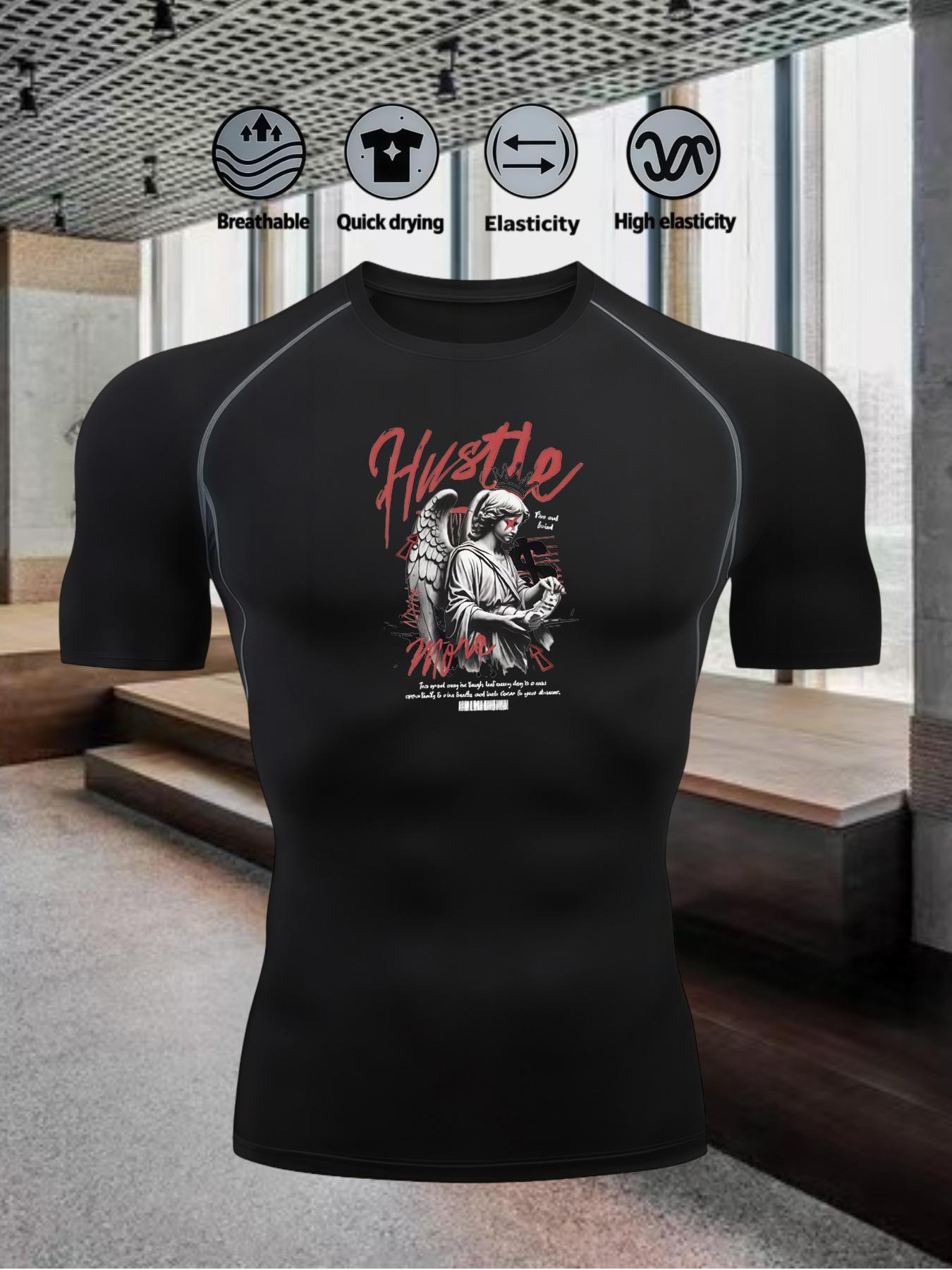 Men s Compression Shirt Quick Dry Navy Blue Gym T-Shirt HUSTLE Fallen Angel Print Workout Sportswear S