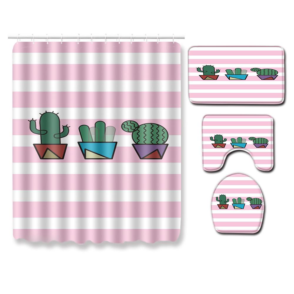 Gestreifte Quadratische Badezimmer Duschvorhang Bodenmatte WC-Deckel Fußmatte Vierteiliges Set