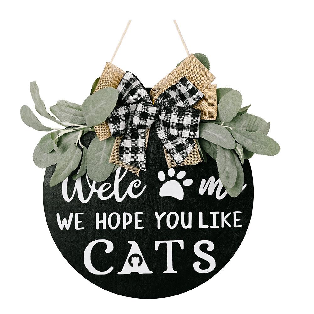 

Wooden Beautifully Crafted Door Sign With Black And White Checkered Bow For Owners Pet Large Leaf Cats Sign BlackWhit