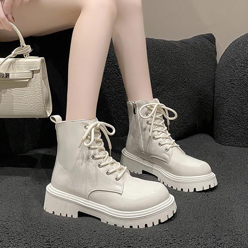 Women's Boots 2026 Autumn/Winter New British Style Plush Fashion Thick Bottom Motorcycle Boots Lace Comfort Zipper Snow Boots