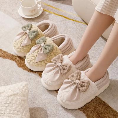 Fashion Woman Retro Fashion Bow Cotton Slippers Female Autumn Winter Indoor Home Slippers 2025 Warm Soft Plush Girls Cotton Footwear