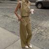 Summer New Design Sense Fashion Casual Suit Personalized Commuter Shirt Collar Vest High Waist Wide Leg Pants Two-piece Set