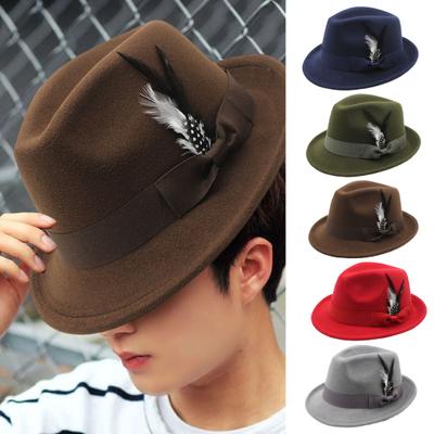 Men Fedora Hat Feather And Bow Decor Vintage Short Brim Felt Hat Solid Color Women Panama Hat 1920s Floppy Hat for All-Day Wear