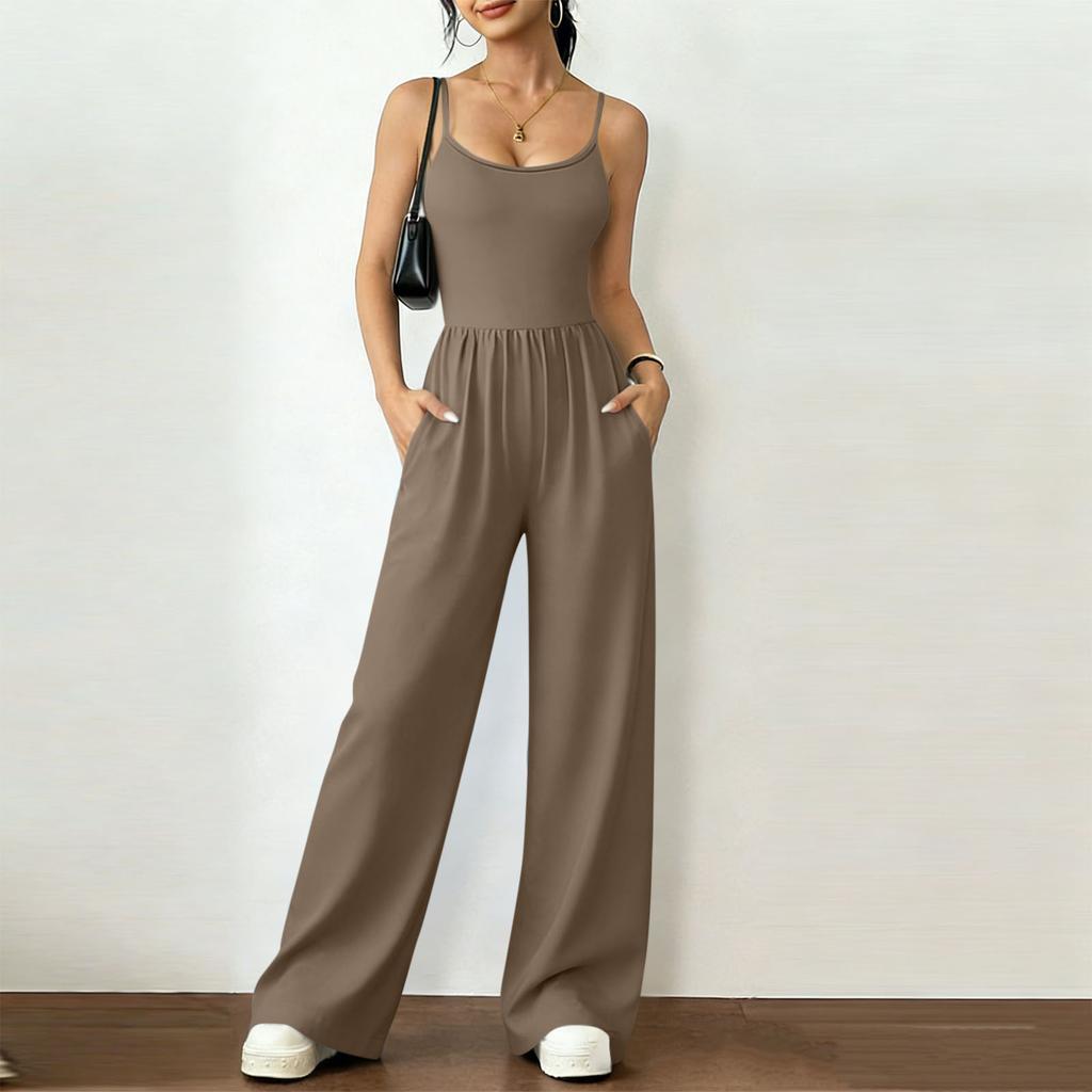 Women's Fashionable Casual Plain-Coloured -Neck Wrap-Around Wide-Leg Loose-Fit Jumpsuit