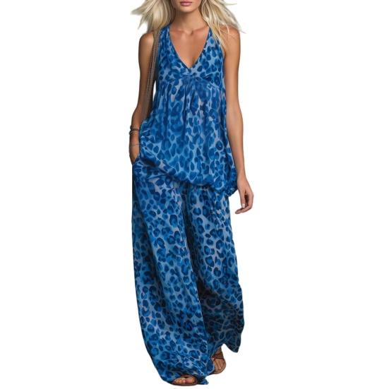 

Summer Printed 2 Piece Sets for Women Sleeveless V Neck Tank Top And Wide-Leg Pants Lounge Sets Casual Vacation Matching Outfits M синий