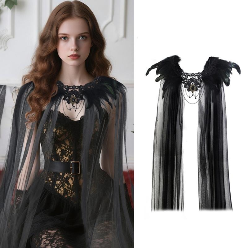 Gothic Feather Shrug Cape Shawl Shoulder Wrap Lace Collar Halloween Cosplay Costumes for Adults Women Scarf Top Gifts