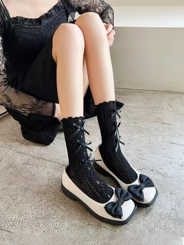 Womens Thin Mesh Breathable Midcalf Lace Socks With Mary Jane Lace Trim Hollowout Lace And Bowknots