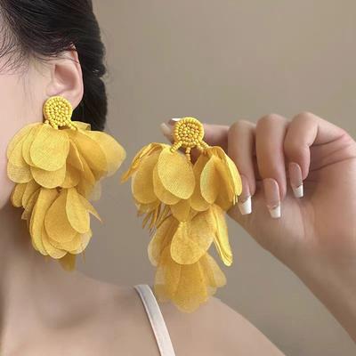 Retro Inspired Chiffon Flower Drop Earrings Colorful Beaded Ear Rings Handmade Retro Fashion Accessories for Women