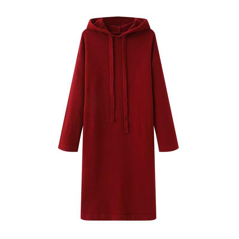 Spring 2026 Red Hooded Knit Dress - Women s Loose Straight-Cut Mid-Length Skirt Small красный