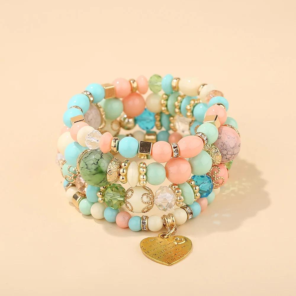 4Pcs Boho Crystal Beads Chain Bracelet Set For Women Vintage Heart Charm Elastic Bangle Men Fashion Party Jewelry