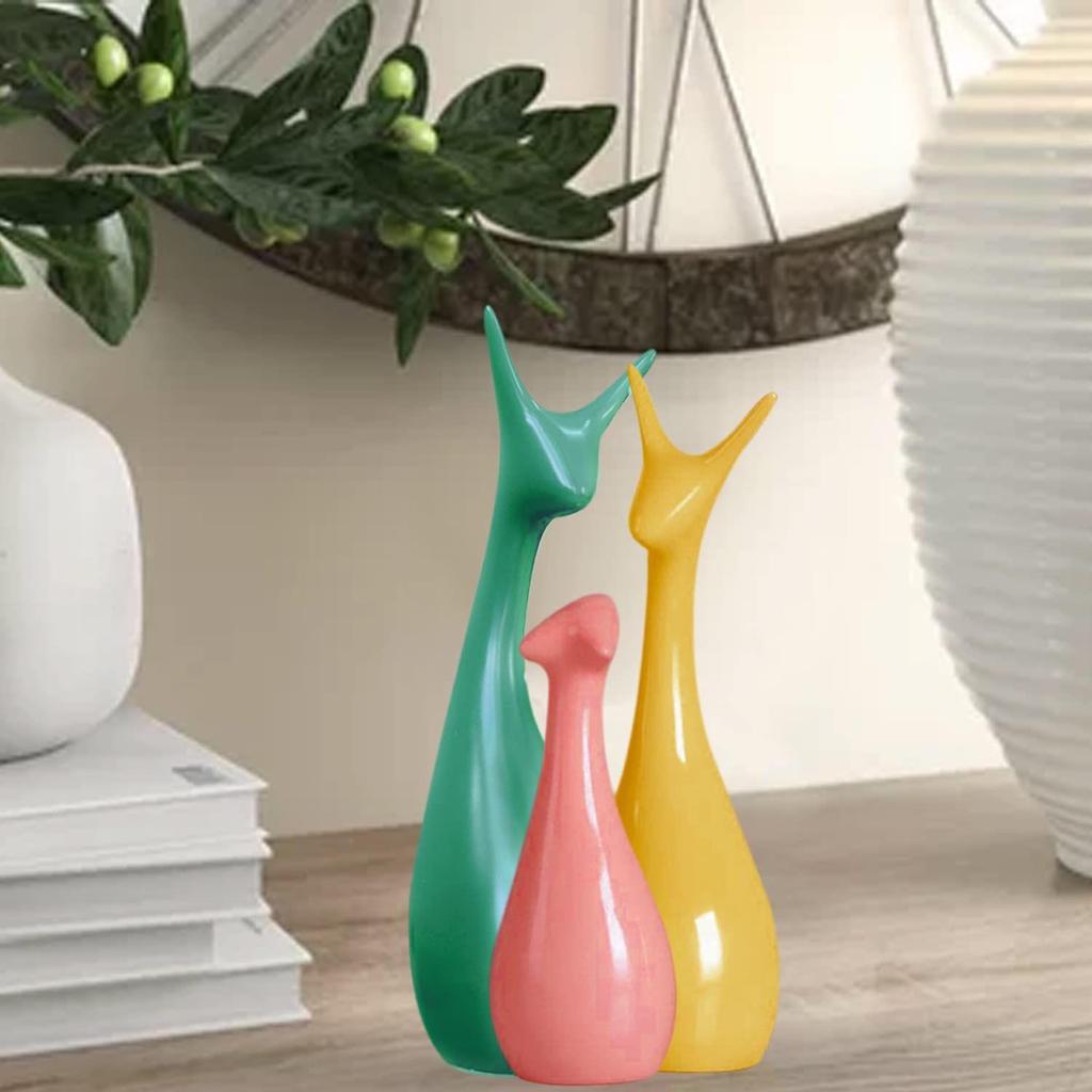 Home Décor Lucky Deer Family Set | Piano Finish Ceramic Figures - (Set of 3 Yellow, Pink, LightGreen)