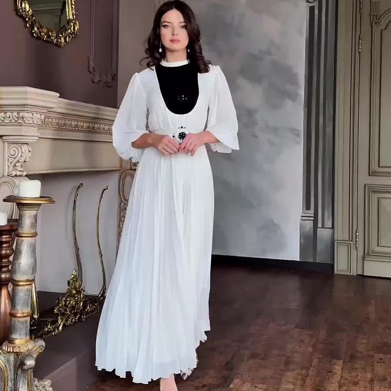 

2024 Summer Women s Elegant Color Block Pleated Slim Dress 2XL белый