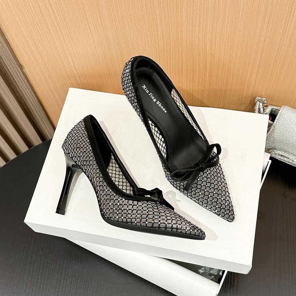 Rhinestone Mesh Pumps for Women Pointed Toe Stiletto Heels with Cute Bow Detail Slip-on Party Dress Shoes Women's Elegant Shoes