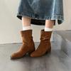 Fashion Temperament Retro Suede Square Head Thick Heel Piled Boots Women's 2025 Autumn and Winter New Height-increasing and Thin Versatile Short Boots