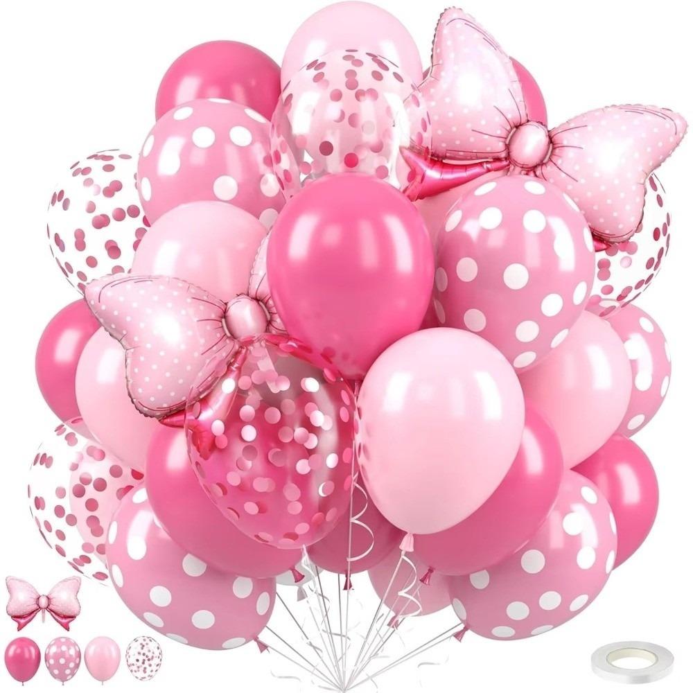 

31Pcs 12inch Pink Bow Balloons Set Hot Pink Rose Dots Bow Foil Balloon with Ribbon Birthday Party Balloons 12inch розовый